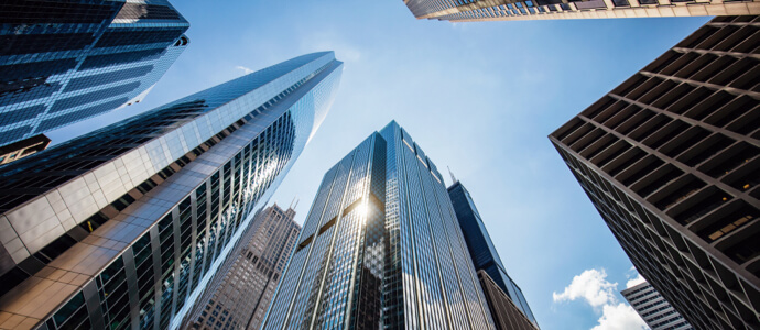 Upward view of highrise buildings