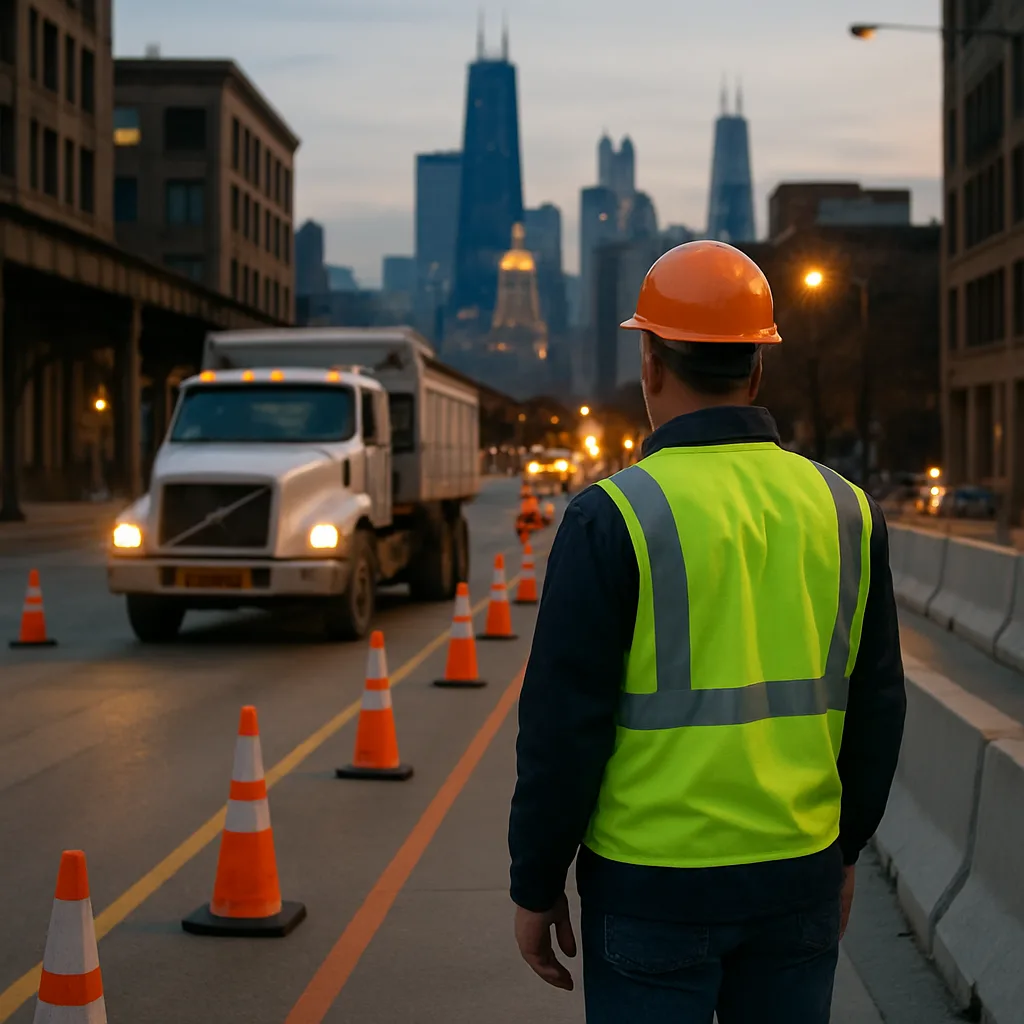 Documenting a Chicago construction zone truck accident scene with barriers and lane shifts
